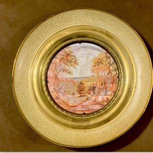 Vintage Solid Brass Wall Plate Gold Foil Print Cottage Scenery England 11"